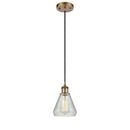 Conesus Mini Pendant shown in the Brushed Brass finish with a Clear Crackle shade