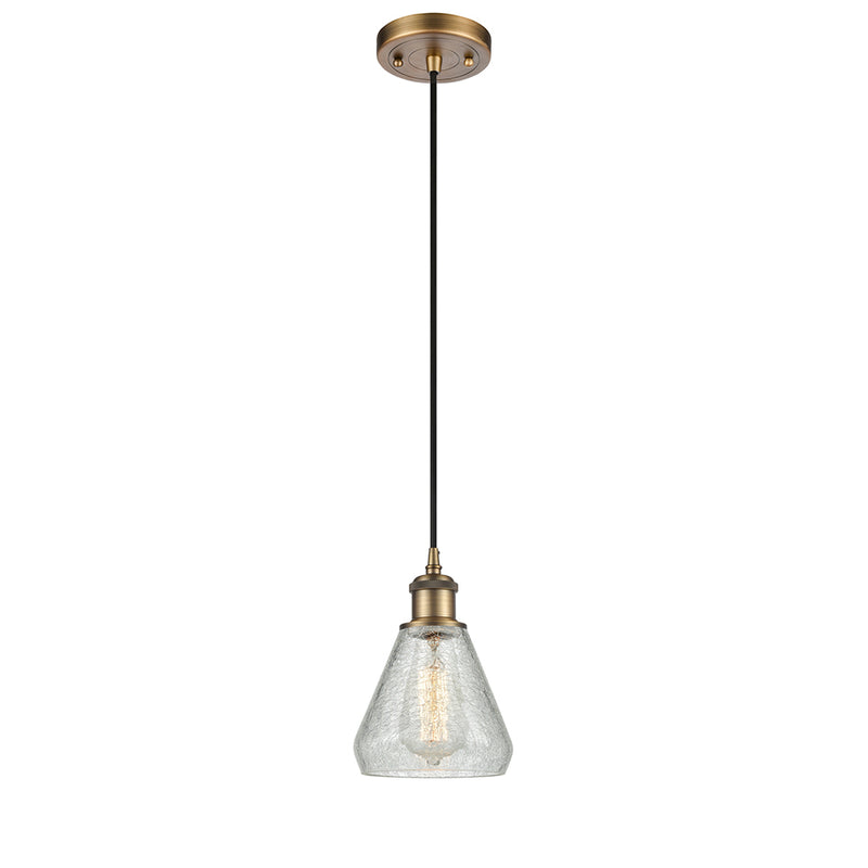 Conesus Mini Pendant shown in the Brushed Brass finish with a Clear Crackle shade