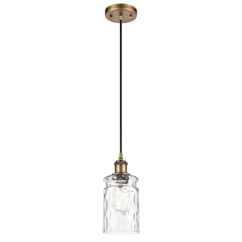 Candor Mini Pendant shown in the Brushed Brass finish with a Clear Waterglass shade