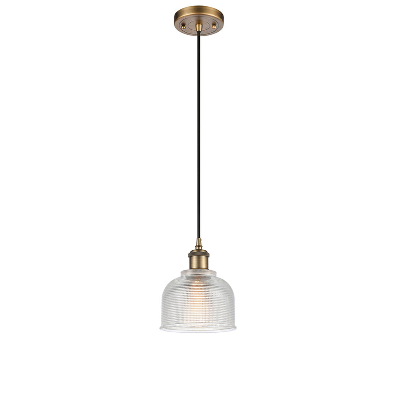 Dayton Mini Pendant shown in the Brushed Brass finish with a Clear shade