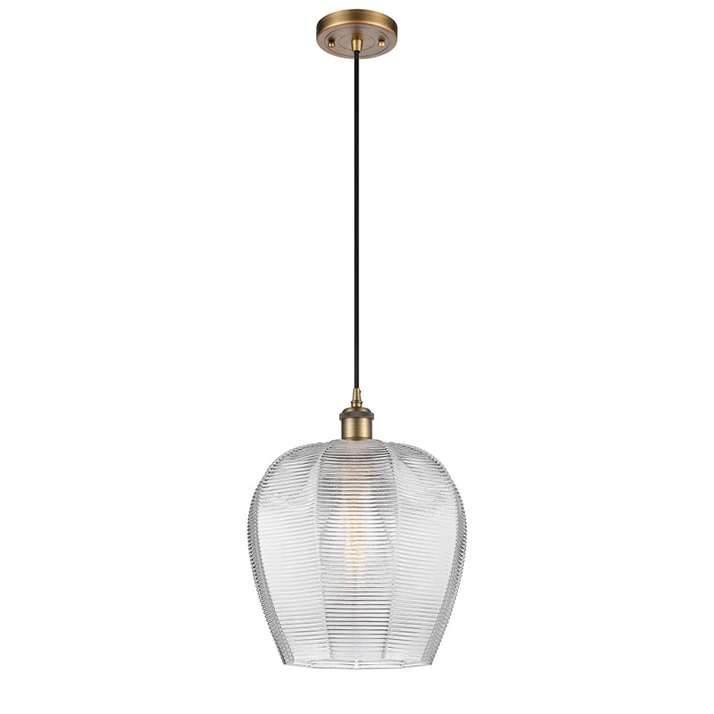 Norfolk Mini Pendant shown in the Brushed Brass finish with a Clear shade