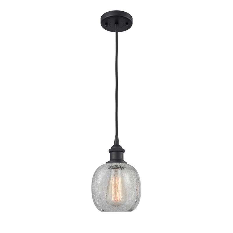 Belfast Mini Pendant shown in the Matte Black finish with a Clear Crackle shade