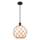 Farmhouse Rope Mini Pendant shown in the Matte Black finish with a White Glass with Brown Rope shade