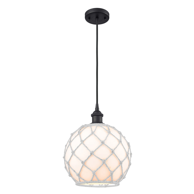 Farmhouse Rope Mini Pendant shown in the Matte Black finish with a White Glass with White Rope shade