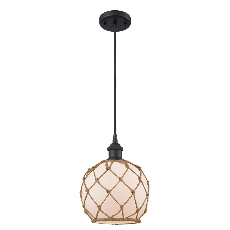 Farmhouse Rope Mini Pendant shown in the Matte Black finish with a White Glass with Brown Rope shade