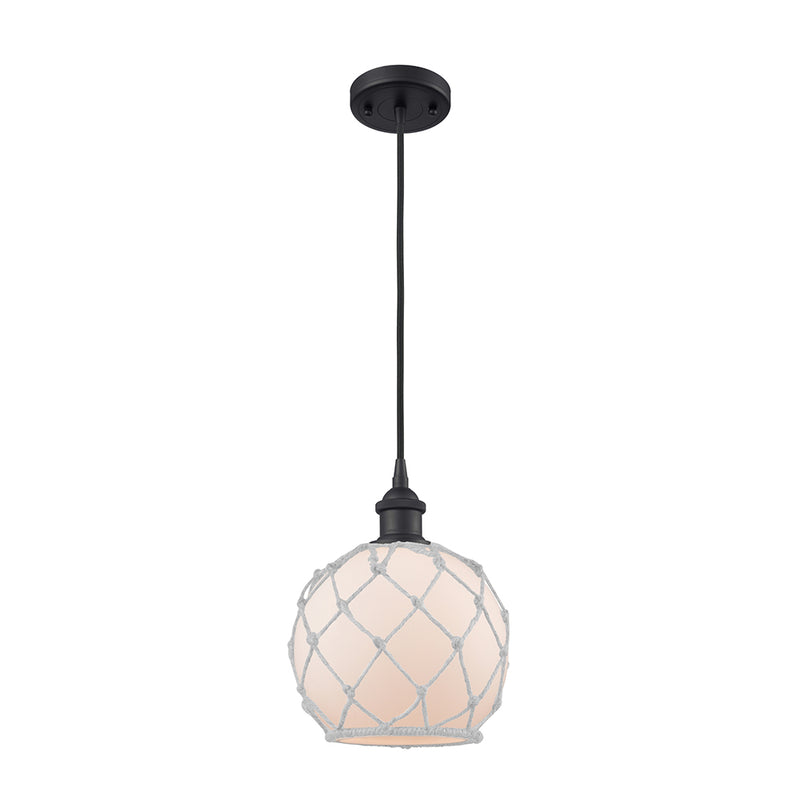 Farmhouse Rope Mini Pendant shown in the Matte Black finish with a White Glass with White Rope shade