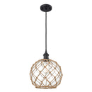 Farmhouse Rope Mini Pendant shown in the Matte Black finish with a Clear Glass with Brown Rope shade