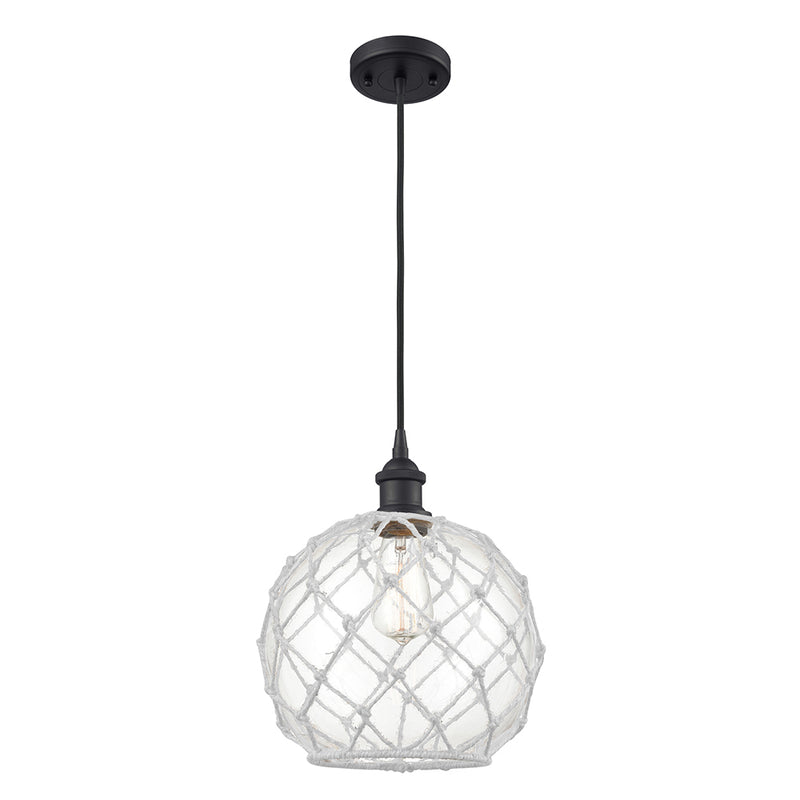 Farmhouse Rope Mini Pendant shown in the Matte Black finish with a Clear Glass with White Rope shade