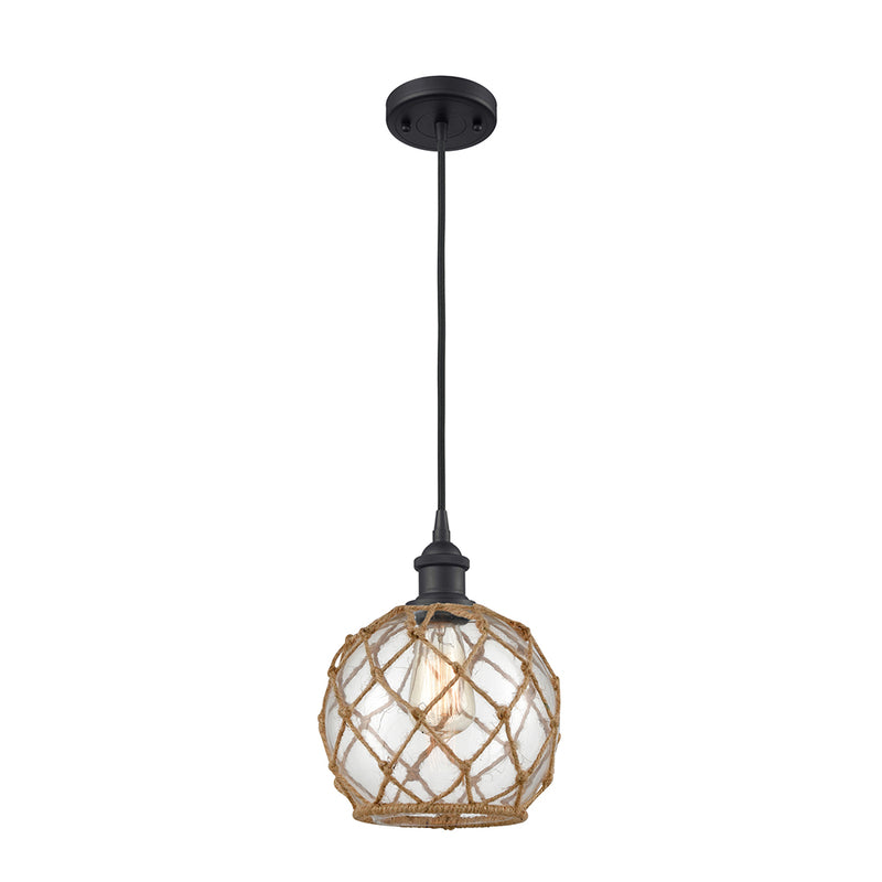 Farmhouse Rope Mini Pendant shown in the Matte Black finish with a Clear Glass with Brown Rope shade