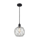 Farmhouse Rope Mini Pendant shown in the Matte Black finish with a Clear Glass with White Rope shade