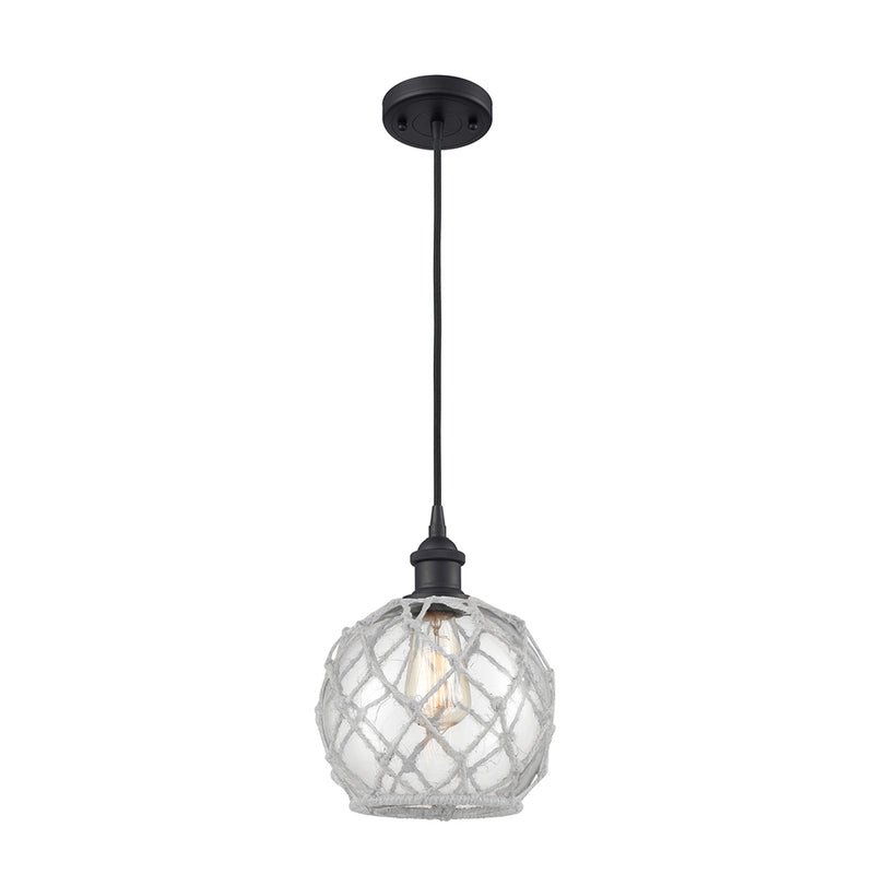 Farmhouse Rope Mini Pendant shown in the Matte Black finish with a Clear Glass with White Rope shade