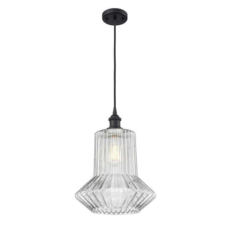 Springwater Mini Pendant shown in the Matte Black finish with a Clear Spiral Fluted shade