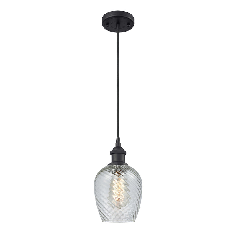 Salina Mini Pendant shown in the Matte Black finish with a Clear Spiral Fluted shade