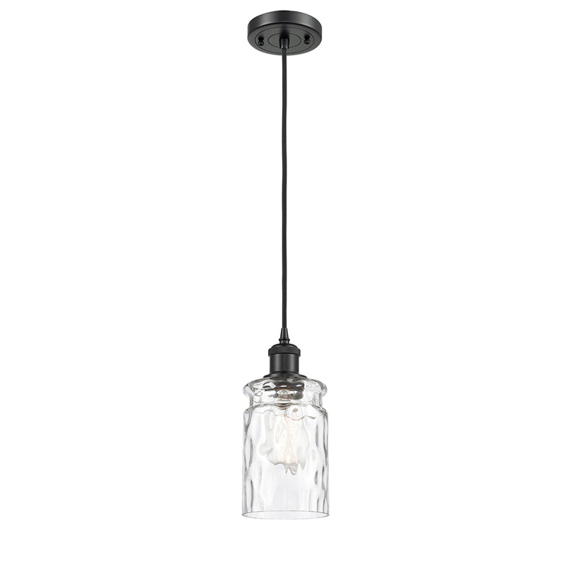 Candor Mini Pendant shown in the Matte Black finish with a Clear Waterglass shade