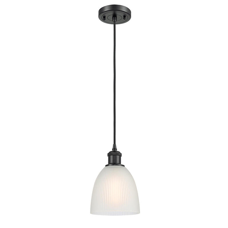 Castile Mini Pendant shown in the Matte Black finish with a White shade