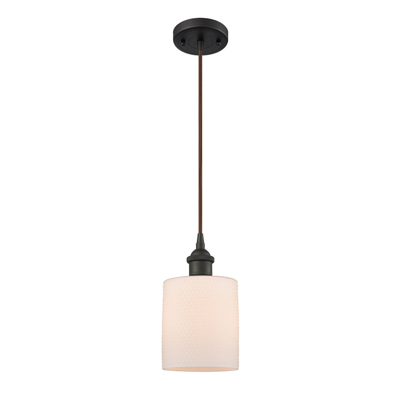 Cobbleskill Mini Pendant shown in the Oil Rubbed Bronze finish with a Matte White shade