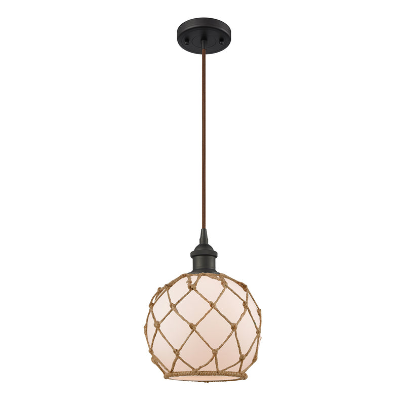 Farmhouse Rope Mini Pendant shown in the Oil Rubbed Bronze finish with a White Glass with Brown Rope shade