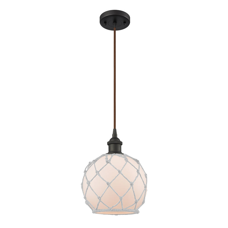 Farmhouse Rope Mini Pendant shown in the Oil Rubbed Bronze finish with a White Glass with White Rope shade