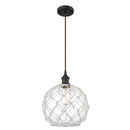 Farmhouse Rope Mini Pendant shown in the Oil Rubbed Bronze finish with a Clear Glass with White Rope shade