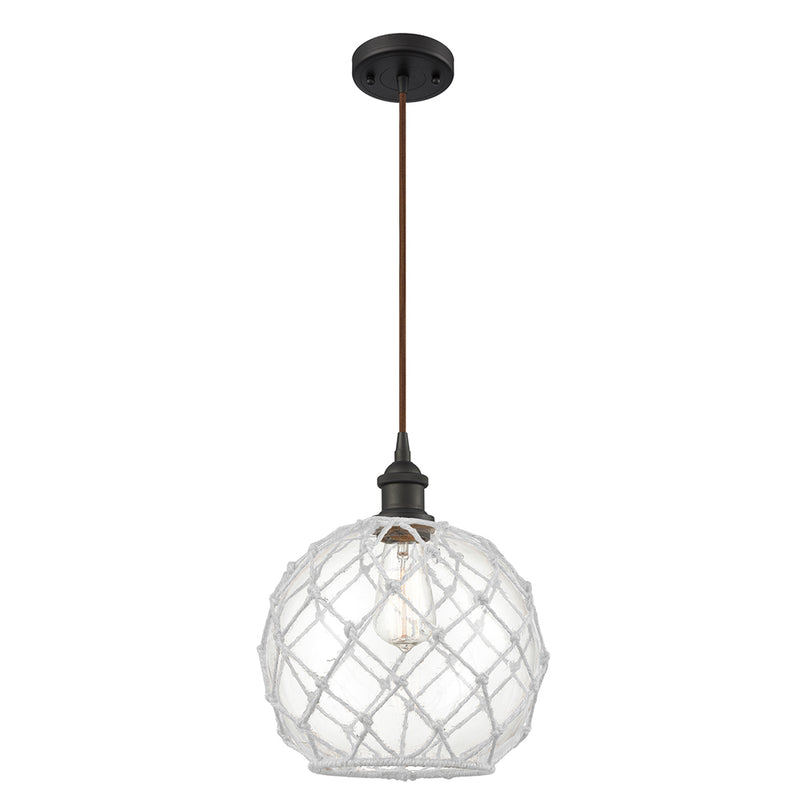 Farmhouse Rope Mini Pendant shown in the Oil Rubbed Bronze finish with a Clear Glass with White Rope shade