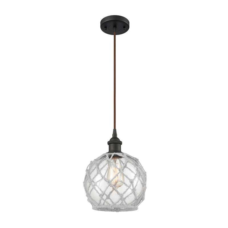 Farmhouse Rope Mini Pendant shown in the Oil Rubbed Bronze finish with a Clear Glass with White Rope shade