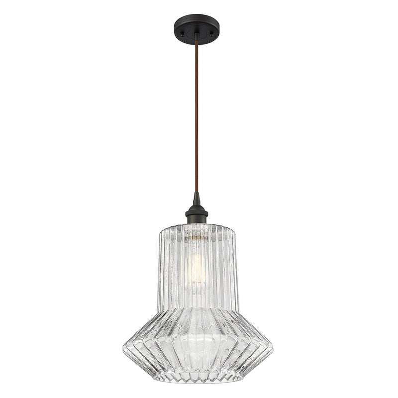 Springwater Mini Pendant shown in the Oil Rubbed Bronze finish with a Clear Spiral Fluted shade