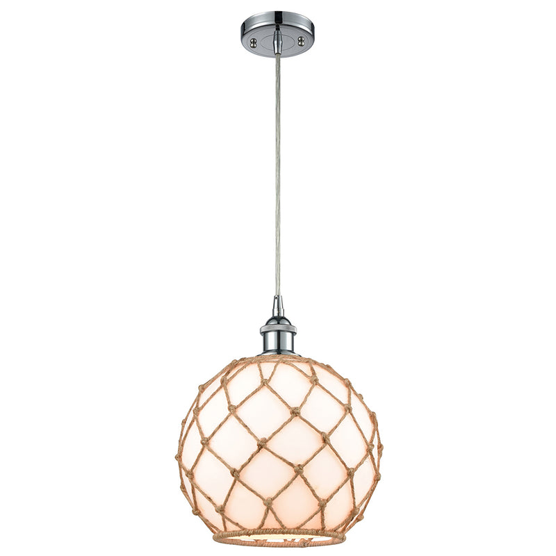 Farmhouse Rope Mini Pendant shown in the Polished Chrome finish with a White Glass with Brown Rope shade