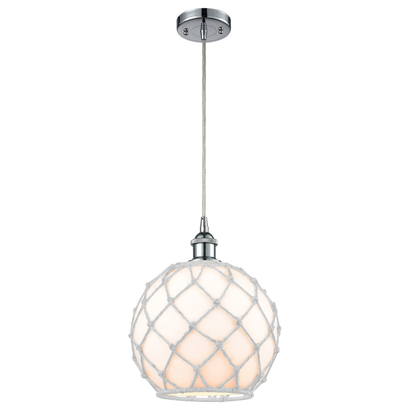 Farmhouse Rope Mini Pendant shown in the Polished Chrome finish with a White Glass with White Rope shade