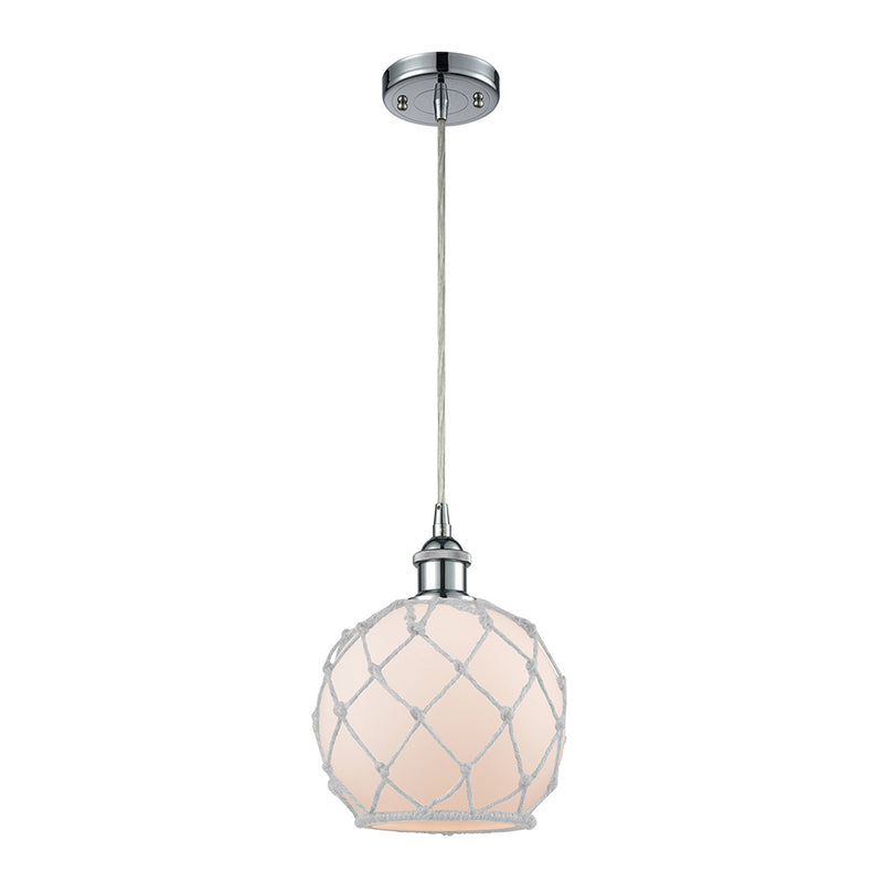 Farmhouse Rope Mini Pendant shown in the Polished Chrome finish with a White Glass with White Rope shade