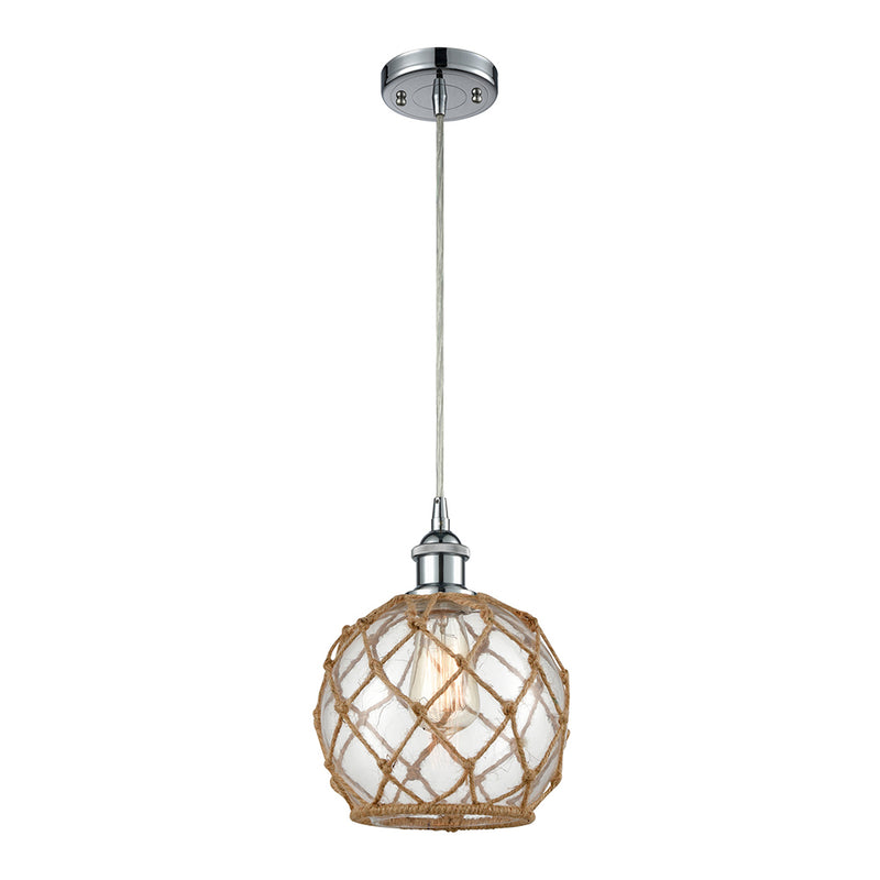 Farmhouse Rope Mini Pendant shown in the Polished Chrome finish with a Clear Glass with Brown Rope shade