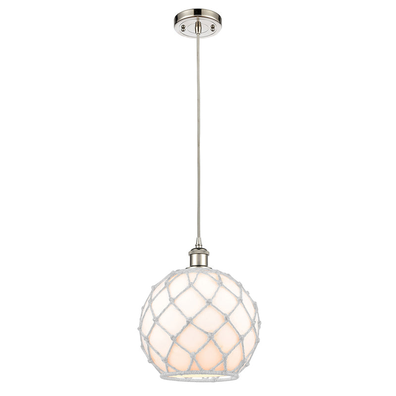 Farmhouse Rope Mini Pendant shown in the Polished Nickel finish with a White Glass with White Rope shade