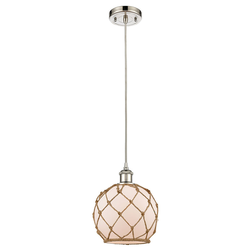 Farmhouse Rope Mini Pendant shown in the Polished Nickel finish with a White Glass with Brown Rope shade