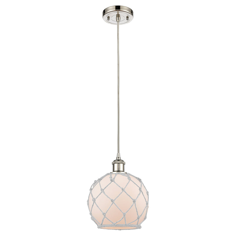 Farmhouse Rope Mini Pendant shown in the Polished Nickel finish with a White Glass with White Rope shade