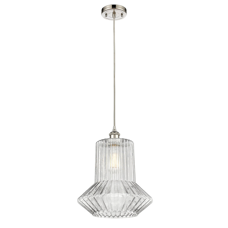 Springwater Mini Pendant shown in the Polished Nickel finish with a Clear Spiral Fluted shade