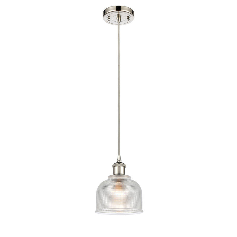 Dayton Mini Pendant shown in the Polished Nickel finish with a Clear shade