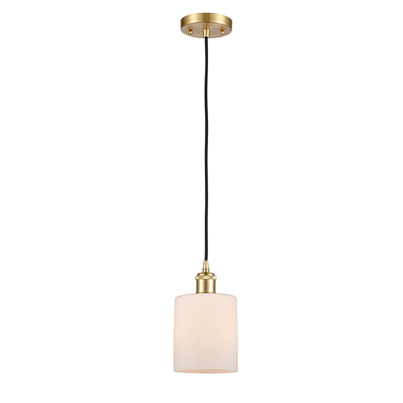 Cobbleskill Mini Pendant shown in the Satin Gold finish with a Matte White shade