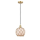 Farmhouse Rope Mini Pendant shown in the Satin Gold finish with a White Glass with Brown Rope shade