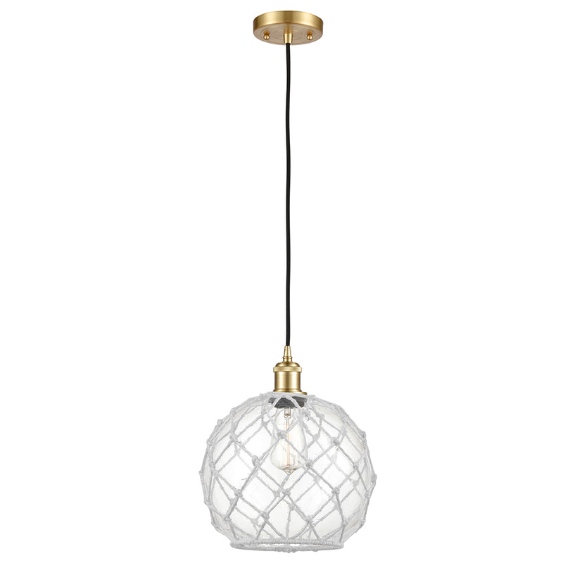 Farmhouse Rope Mini Pendant shown in the Satin Gold finish with a Clear Glass with White Rope shade