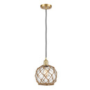 Farmhouse Rope Mini Pendant shown in the Satin Gold finish with a Clear Glass with Brown Rope shade