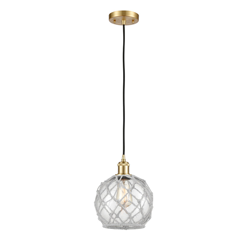 Farmhouse Rope Mini Pendant shown in the Satin Gold finish with a Clear Glass with White Rope shade