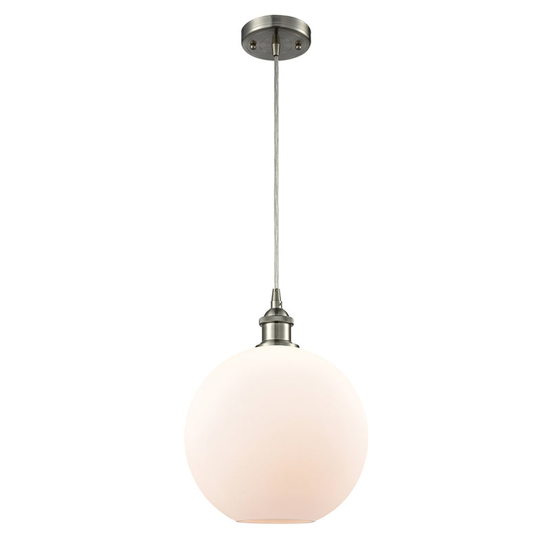 Athens Mini Pendant shown in the Brushed Satin Nickel finish with a Matte White shade