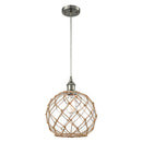 Farmhouse Rope Mini Pendant shown in the Brushed Satin Nickel finish with a Clear Glass with Brown Rope shade