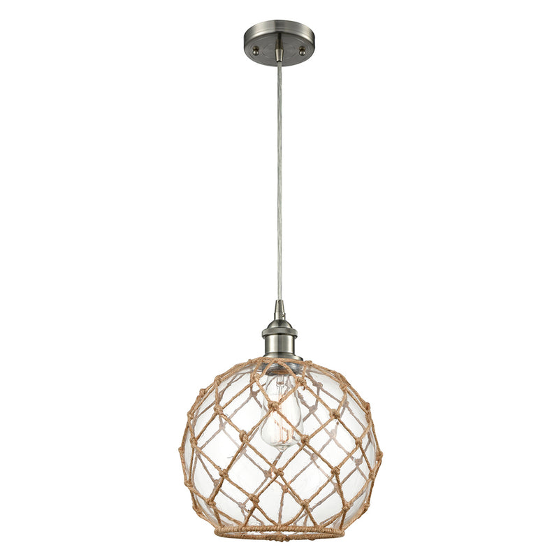 Farmhouse Rope Mini Pendant shown in the Brushed Satin Nickel finish with a Clear Glass with Brown Rope shade