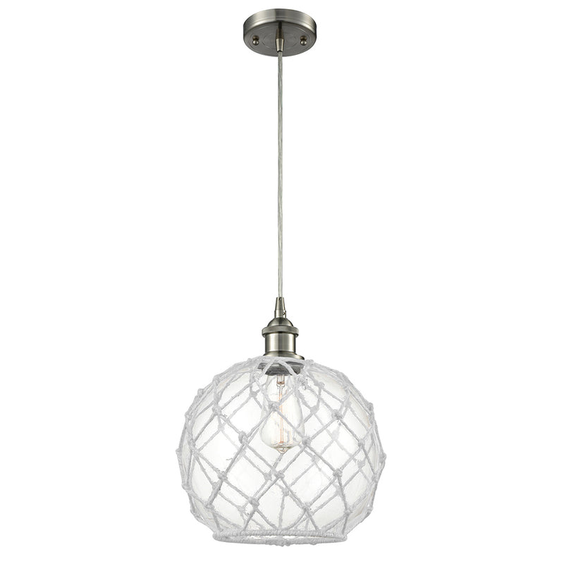 Farmhouse Rope Mini Pendant shown in the Brushed Satin Nickel finish with a Clear Glass with White Rope shade