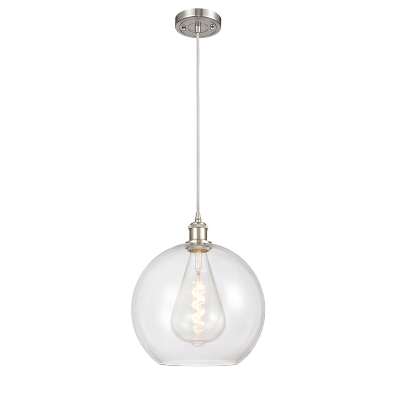 Athens Mini Pendant shown in the Brushed Satin Nickel finish with a Clear shade