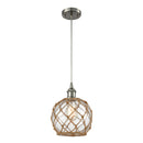 Farmhouse Rope Mini Pendant shown in the Brushed Satin Nickel finish with a Clear Glass with Brown Rope shade