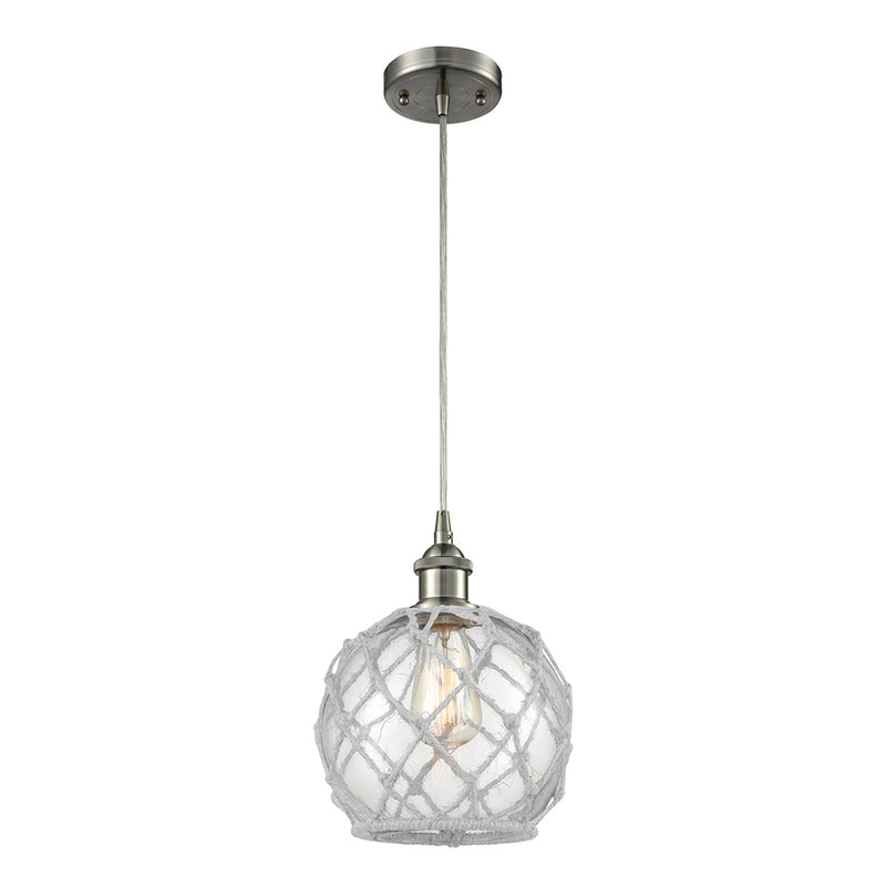 Farmhouse Rope Mini Pendant shown in the Brushed Satin Nickel finish with a Clear Glass with White Rope shade