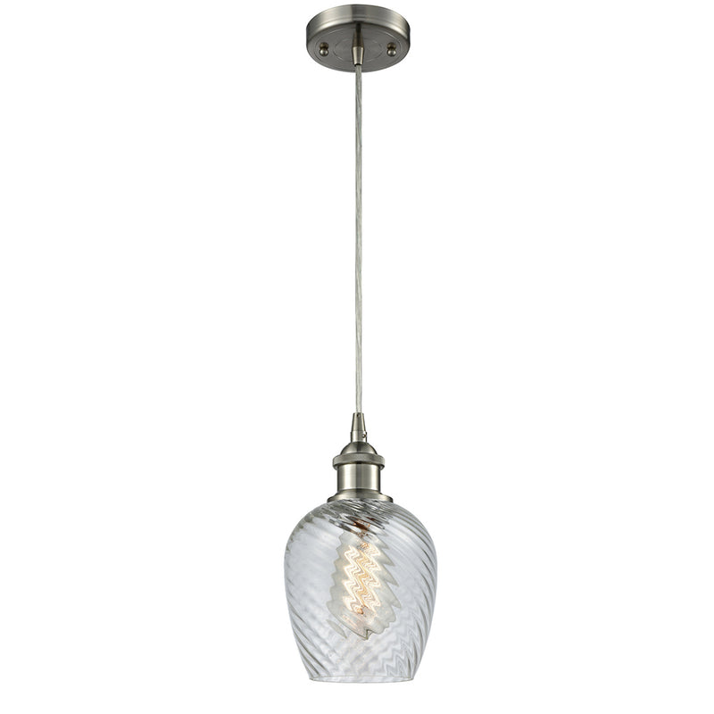 Salina Mini Pendant shown in the Brushed Satin Nickel finish with a Clear Spiral Fluted shade