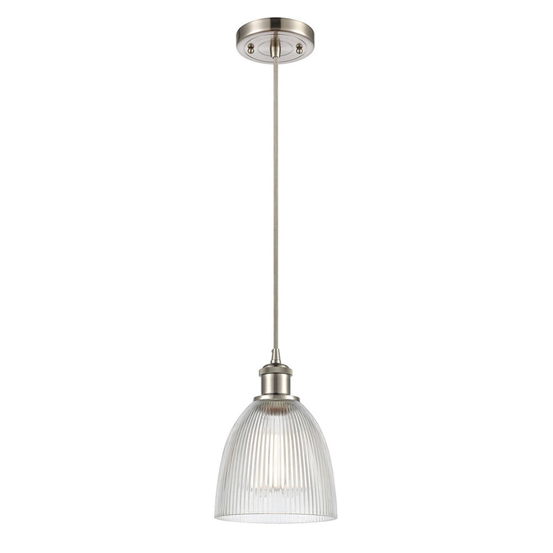 Castile Mini Pendant shown in the Brushed Satin Nickel finish with a Clear shade