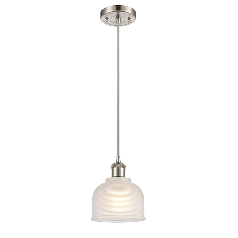 Dayton Mini Pendant shown in the Brushed Satin Nickel finish with a White shade